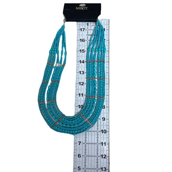 Multi-Strand Faux Turquoise Beaded Statement Necklace Silver Tone Boho Chic - Picture 4 of 4